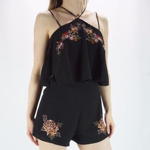 Black Strappy Embroidered Crepe Romper
